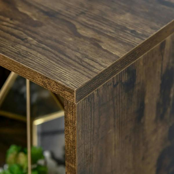 Close-up of rustic brown bookcase corner with wood grain and distressed finish