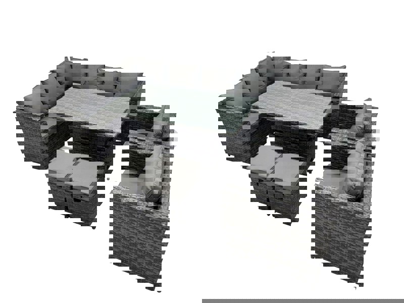 Fimous 10 seater Height Adjustable Rising Lifting Table Corner Sofa Set Rattan Garden Furniture Dining Set with 2 Small Stool Dark Grey Mixed