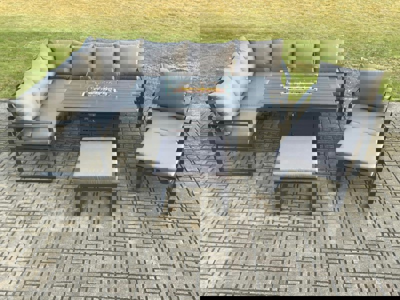 Fimous Aluminium Patio Outdoor Garden Furniture Corner Sofa Set Gas Fire Pit Dining Table with Chair 2 Big Footstools Dark Grey