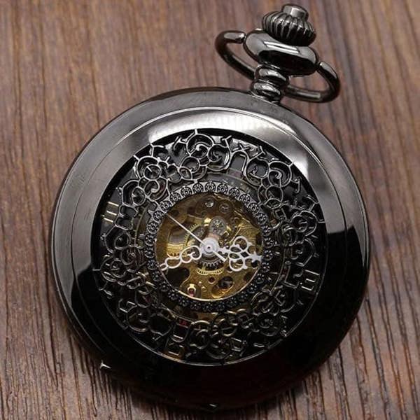 Infinity Leather Antique Brass Alloy Skeleton Half Hunter Pocket Watch