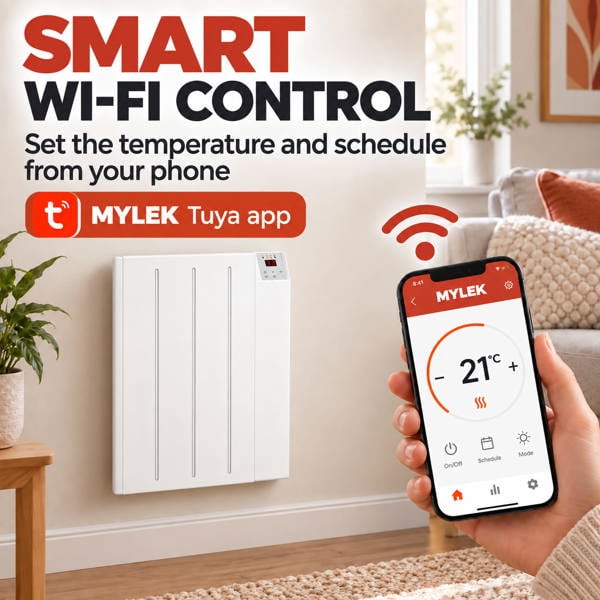 MYLEK Electric Radiator Panel Heater WIFI Smart APP Eco 600W Bathroom Safe Wall Mounted Timer Thermostat