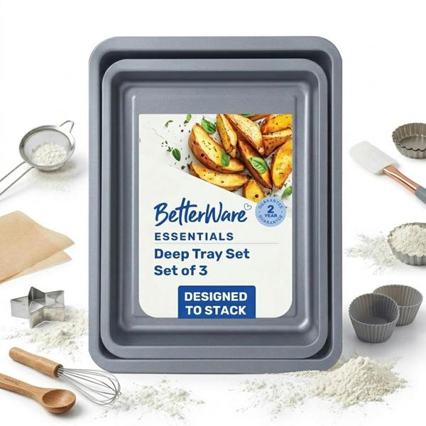 Set of 3 (1 x 35, 1 x 31 & 1 x 28cm) Essential Deep 0.29 Non-Stick Baking Tray Set