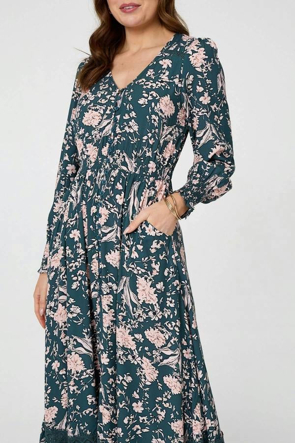 Teal | Floral Long Sleeve Lace Maxi Dress