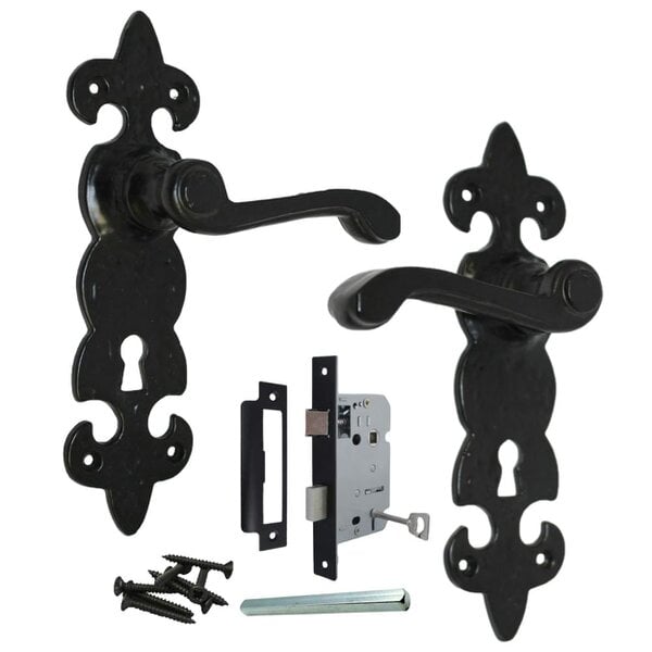 EDH Door Hardware Black Cast Iron Fleur-de-Lys Door Handles – Lever Latch, Bathroom Lock & 3 Lever Lock Sets - Lock Handle + 3 Lever Sash Lock