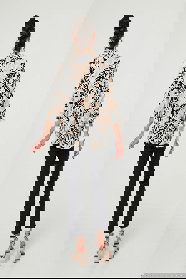 Beige | Leaf Print 3/4 Sleeve Button Trim Blouse
