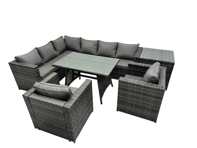 Fimous 8 seater Outdoor PE Rattan Sofa Set with Dining Table Patio Garden Furniture Sets with 2 Chair Side Table Dark Grey Mixed