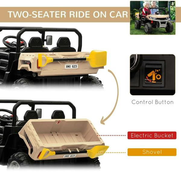 Two-seat ride-on car with yellow electric bucket and front shovel attachment