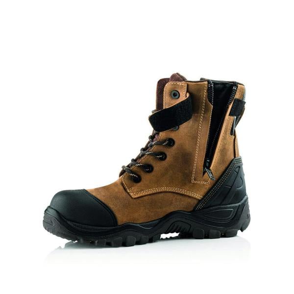 Buckbootz BSH008 Buckshot Mens High Leg Zip Up Safety Boots, rugged brown leather safety boots with black toe cap, side zipper, and ankle support.