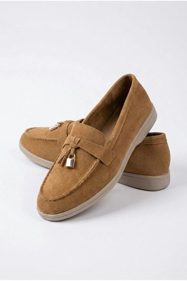 Camille Womens Suede Padlock Charm Loafers - Camel