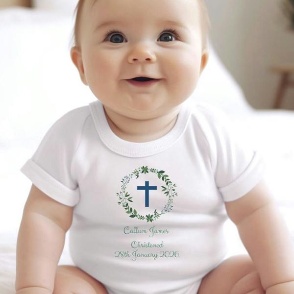 Personalised Green Christening Baby Grow, Vest or Bib with Name
