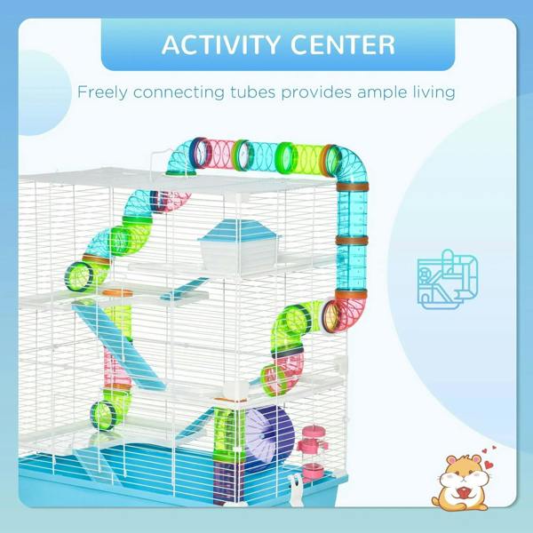 Light blue hamster cage activity center with tubes, ramps, and exercise wheel on multiple tiers.