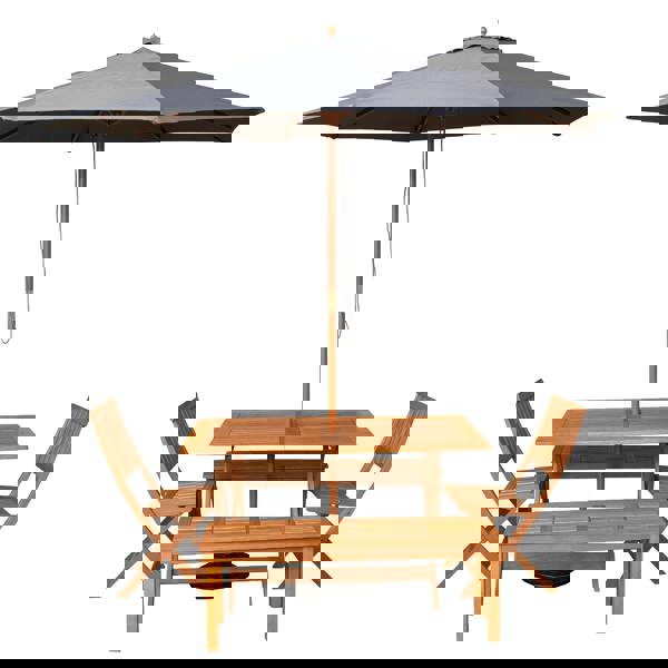 Samuel Alexander Outdoor 6 Person Rectangular Wooden Garden Dining Table, 2 Benches, Chairs with Grey Parasol and Base Set