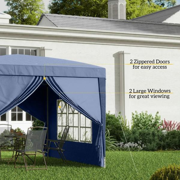Blue pop-up gazebo with zippered door curtain and large window panels