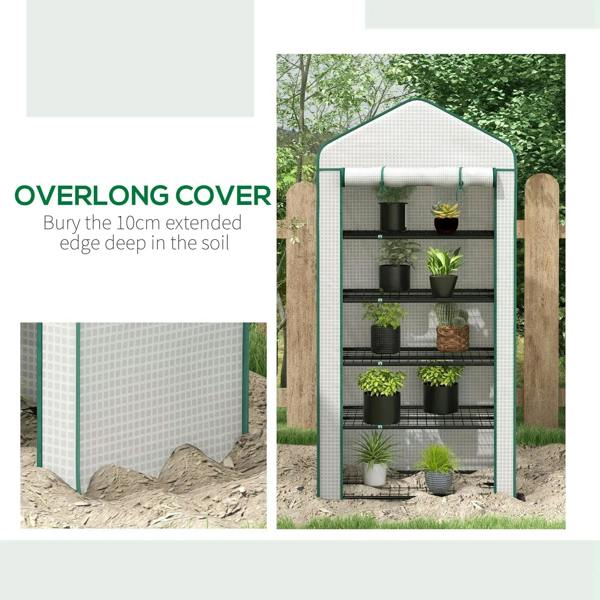 Outdoor mini greenhouse with white PE cover and black wire shelves in a garden