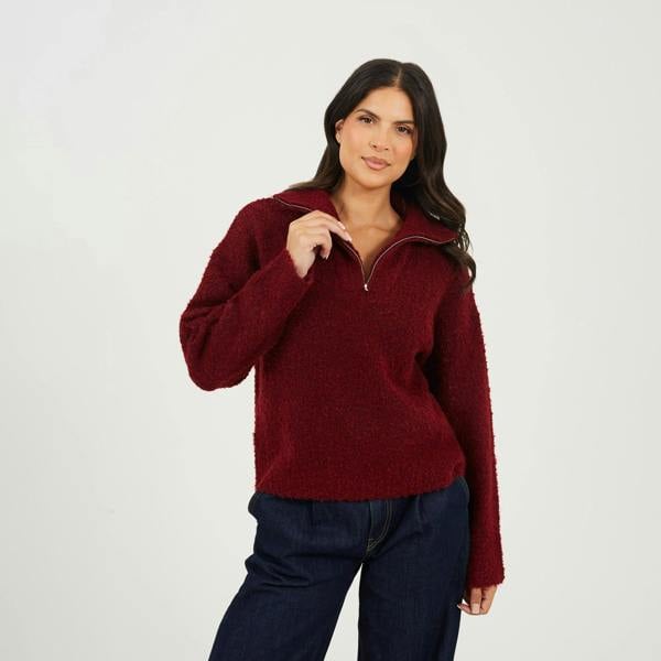 Brave Soul Wine Boucle Yarn Jumper With Zip Neck - Wine Image 1