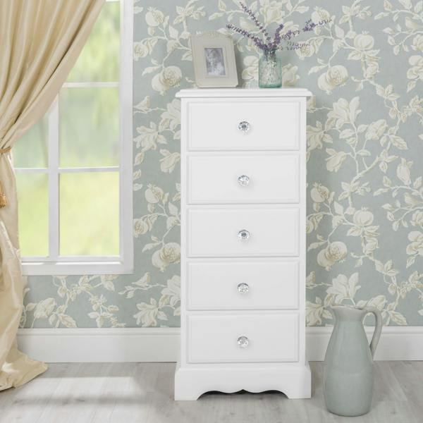 Statement Furniture Romance Tallboy 5 Drawer Narrow Chest of Drawers with Crystal Handles
