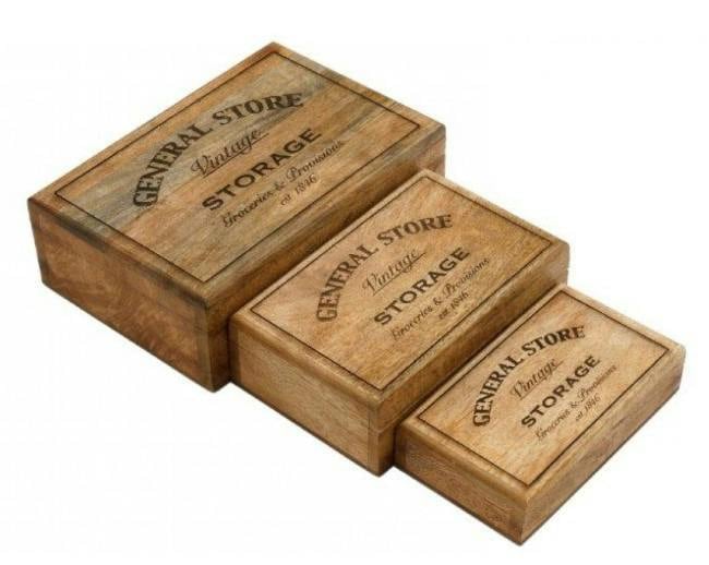 Sil Set of 3 Vintage General Store Mango Wood Decorative Storage Boxes