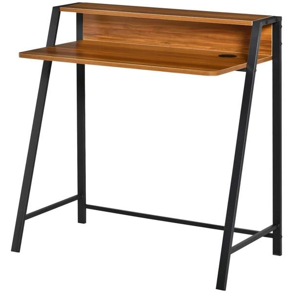 Walnut two-tier writing desk with black metal frame and open lower shelf.