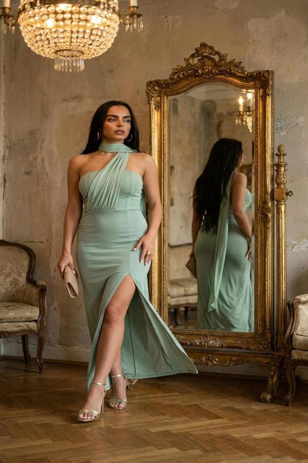 Celeste High Slit Draped Scarf Maxi Dress - Sage