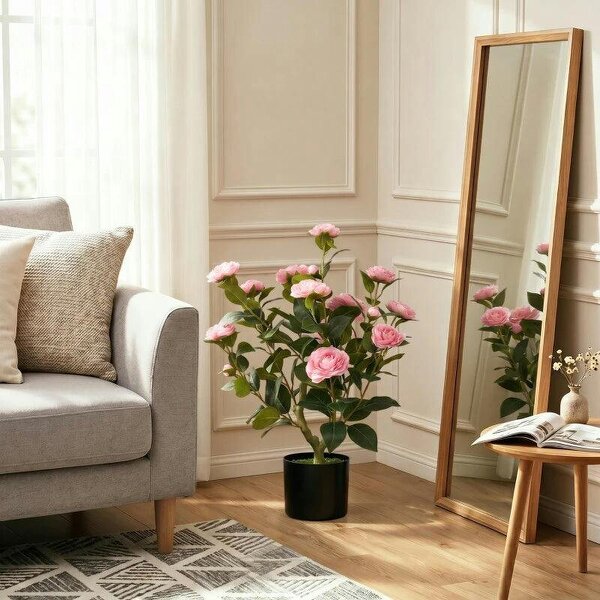 65cm Artificial Camellia Flower Plant in Pot with 116 Lush Leaves & Moss Effect, Pink