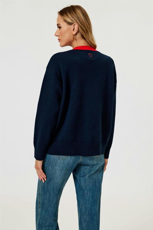 FS Collection Little Heart Embroidery Stripe Trim Cardigan Top In Navy & Red