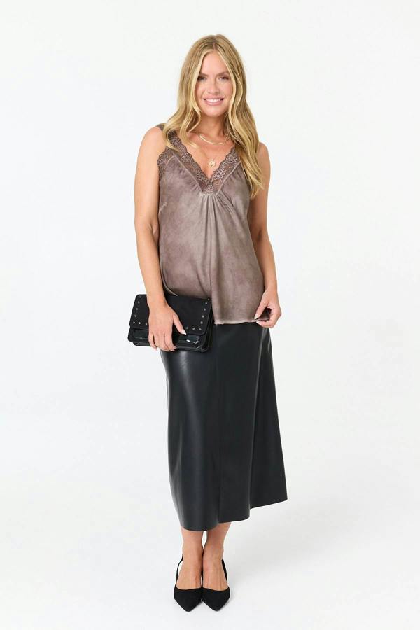Brown | Lace Trim Satin Texture Vest Top