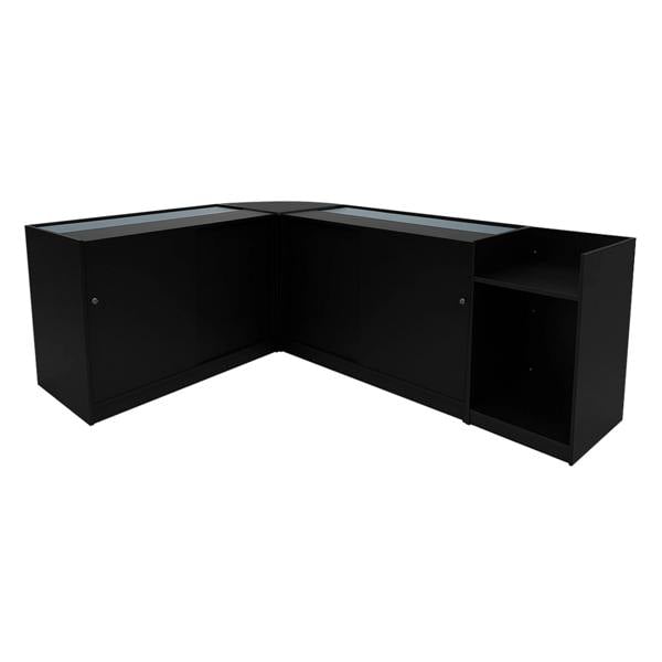 Polaris LED Shop Counter Set in sleek black, featuring glass display tops, ample storage cabinets, and a modern corner design