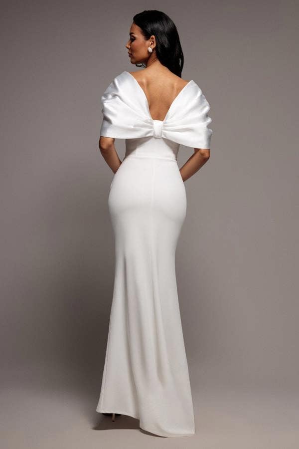 Off Shoulder Back Satin Bow Scuba Maxi Dress - White DR4708