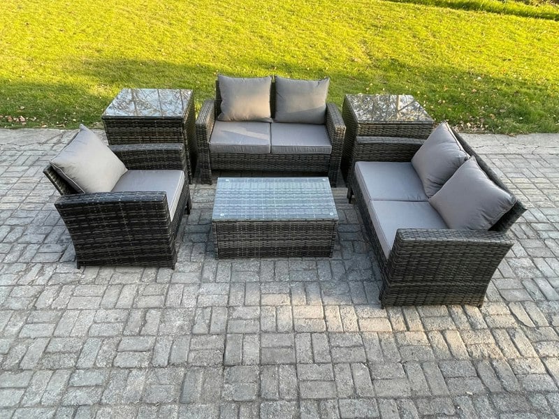 Fimous Rattan Garden Furniture Set 5 Seater Patio Outdoor Lounge Sofa Chair Set with 2 Side Tables Rectangular Coffee Table Dark Grey Mixed