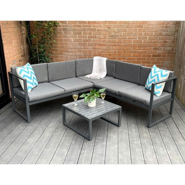 Outdoor Living Chester Grey Modern Metal Garden Furniture 5 Seat Corner Sofa and Coffee Table Patio Set