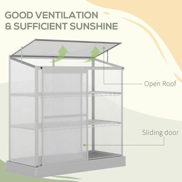 Silver greenhouse cold frame with transparent polycarbonate panels, sliding door and open roof