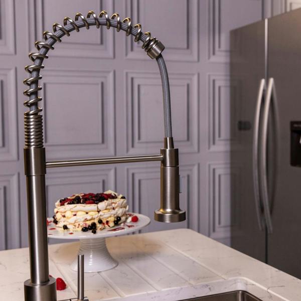 Flode Fjädra | Pull Out Kitchen Sink Mixer Tap | Spring Style Mixer Tap | Brushed Steel | Round Head