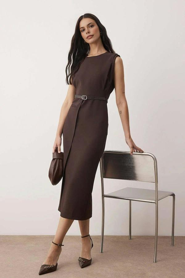 WOVCOR Belt Detailed Woven Midi Dress