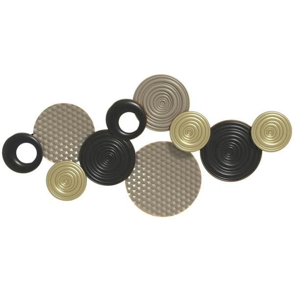Modern metal disc wall art with circular ring and disc layout, khaki and black