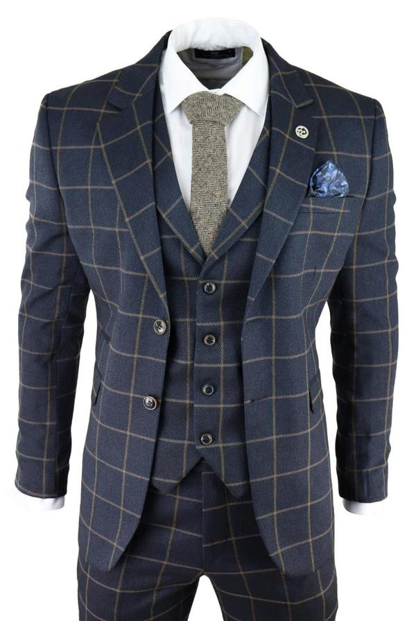 TruClothing Mens Navy Blue Check 3 Piece Tweed Suit Peaky Blinders 1920s Gatsby Tailored Fit
