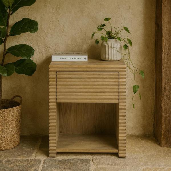 Wyld Haus Mandarina Weathered Oak Ribbed One Drawer Bedside Table