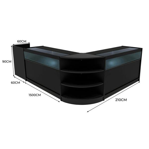 Sagittarius LED Shop Counter Set in black, featuring sleek design, curved edges, glass display tops, and ample shelving space