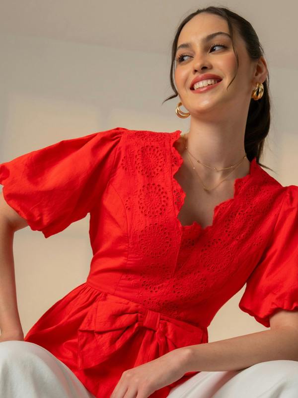 Rose & Nancy Haillie Coral Red Lace Trim Bow Blouse