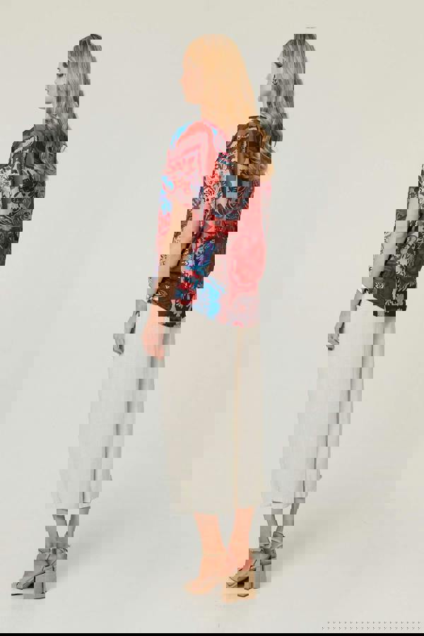 Red | Floral Short Angel Sleeve Ruched Blouse
