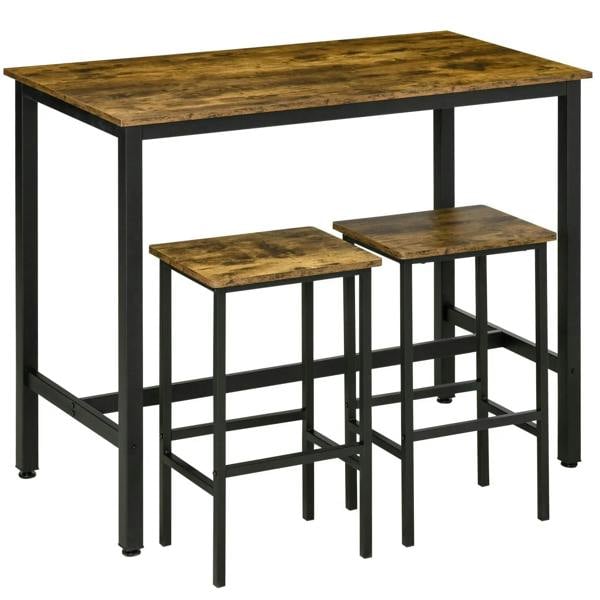 Counter-height bar table set with 2 stools, rustic brown tops and black steel legs
