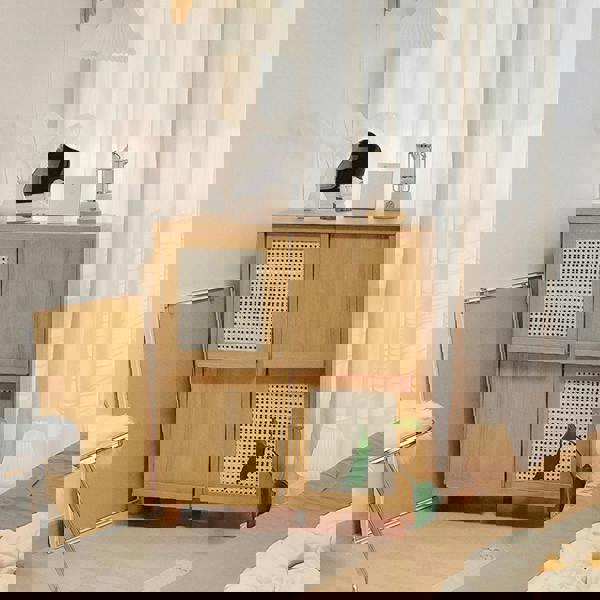 Detail view of Iskandar Sideboard With Magazine Rack, Solid Wood & Rattan， Storage with industrial style sideboard