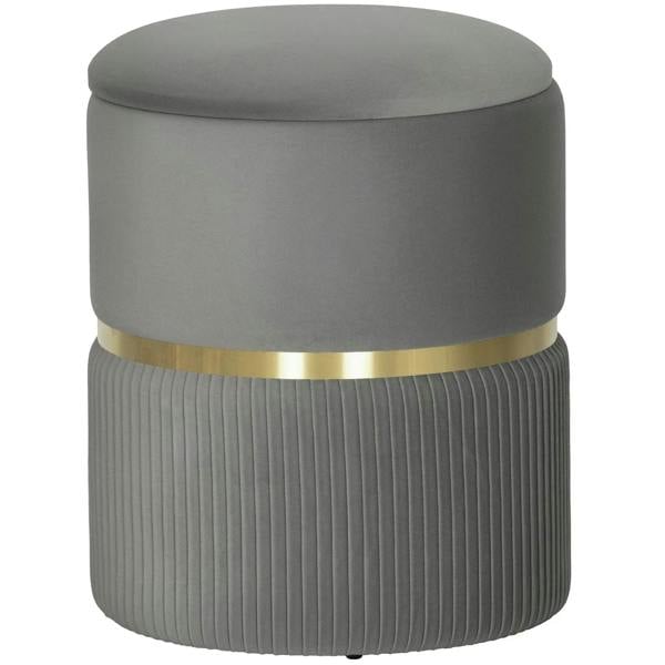 Grey velvet-feel storage ottoman with ribbed sides and gold-tone band, round lid