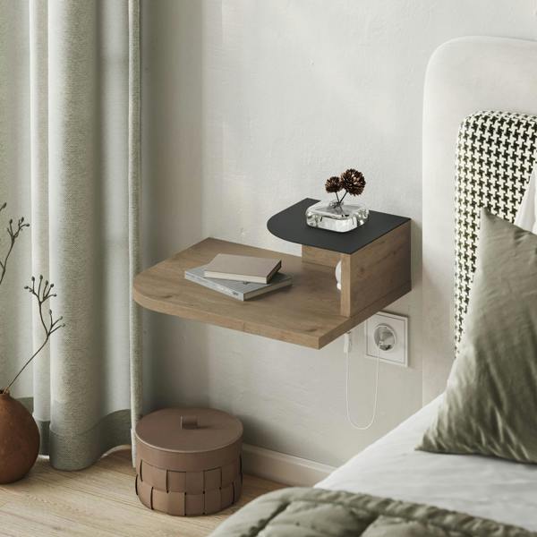 Decortie Floating Bedside Table Modern Corner Design Nightstand 30cm Wall-mounted w/ LED Lamp in 3-tones for Bedroom