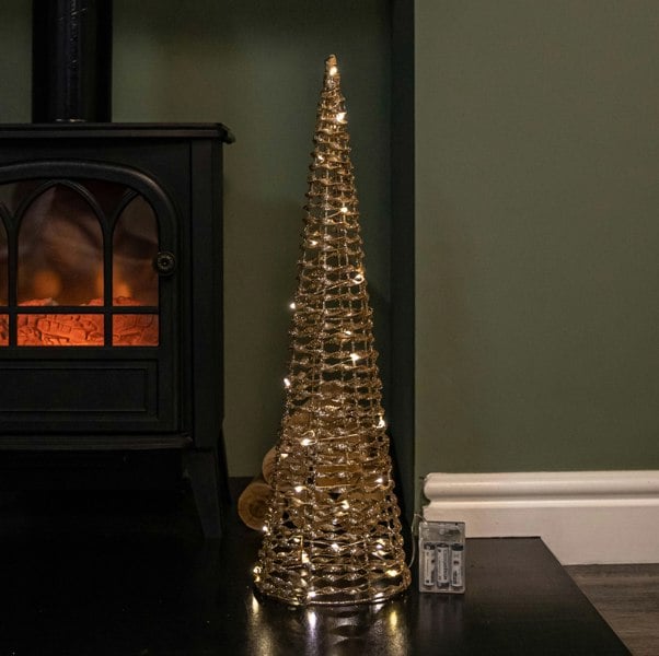 Samuel Alexander Set of 3 Gold Glitter Twist Christmas Cone Trees with 90 Warm White LEDs