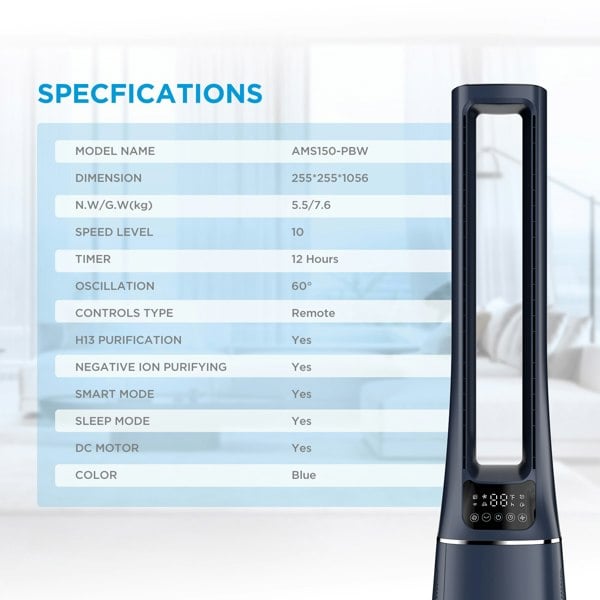 Living and Home 2-in-1 Electric Quite Bladeless Tower Fan APP Remote Control with Touch Screen LED Display ,10 Speeds ,HEPA Filter