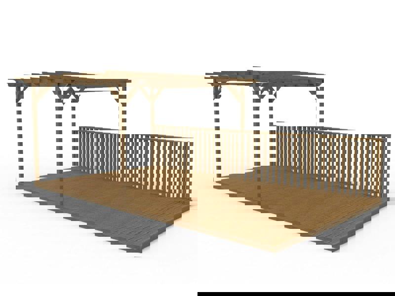 Rectangular pergola and decking kit with balustrade, made from pressure treated timber and high quality pergola posts, featuring a raised wooden deck, vertical slatted balustrade, and an open pergola roof frame.