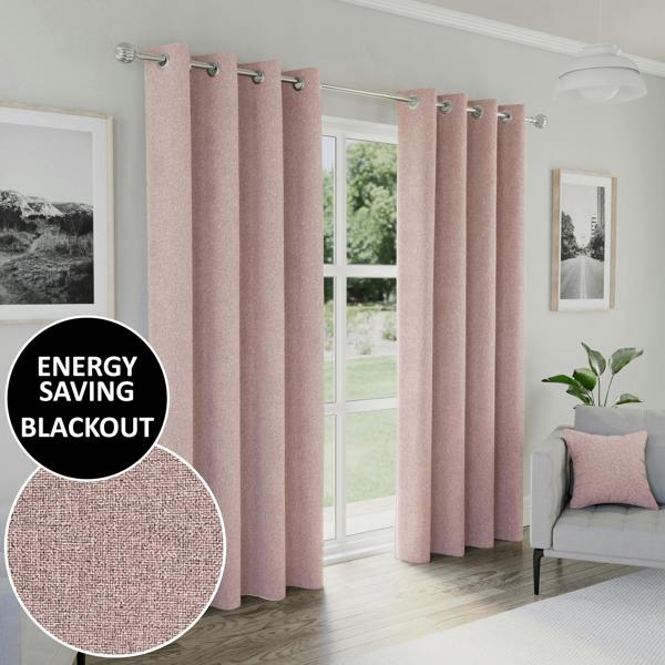 Enhanced Living Blush Textured Basketweave 100% Blackout Curtains - Thermal/Energy Saving Pair with Eyelets For Living Room & Bedrooms