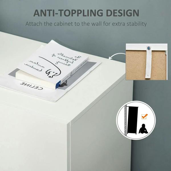 White cabinet top surface with anti-tip wall attachment bracket near the back edge.