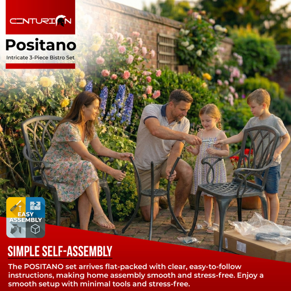 Centurion Supports POSITANO Luxurious Garden and Patio Table and 2 Large Chairs with Armrests Cast Aluminium Bistro Set - Grey
