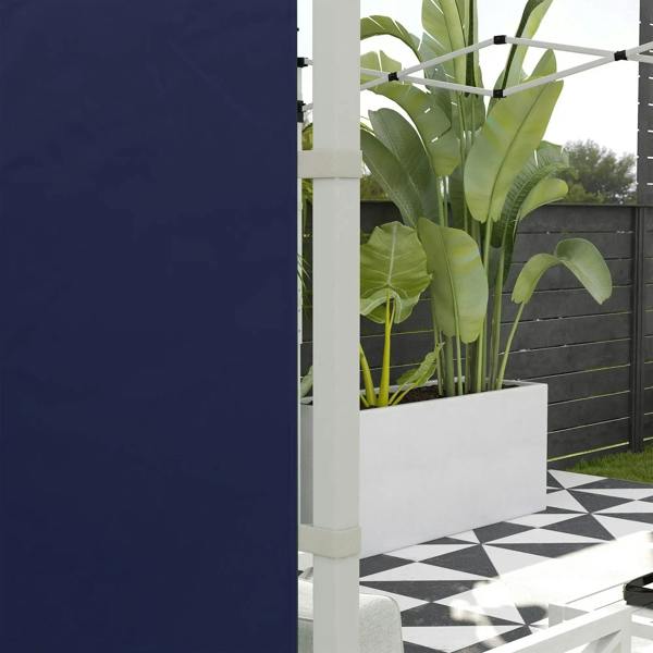 Blue gazebo side wall panel with smooth fabric and white frame posts